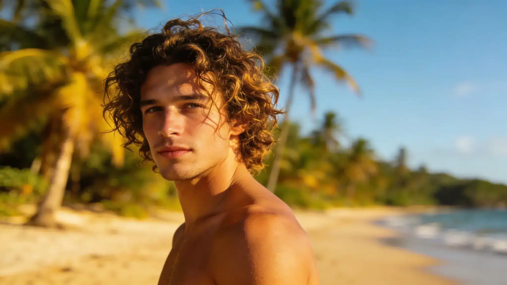 A man with long, wavy sun-kissed hair standing shirtless on a tropical beach with palm trees and a blue sky