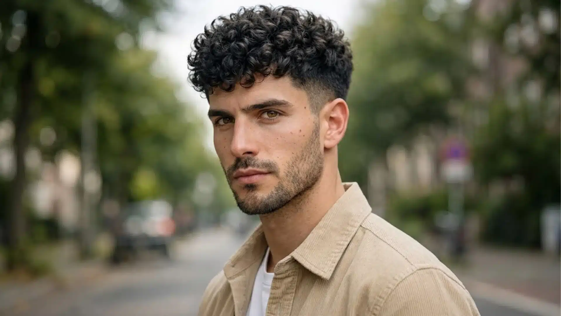 A man with thick, curly dark hair, a skin fade haircut, and a light beard looking forward on a blurred street