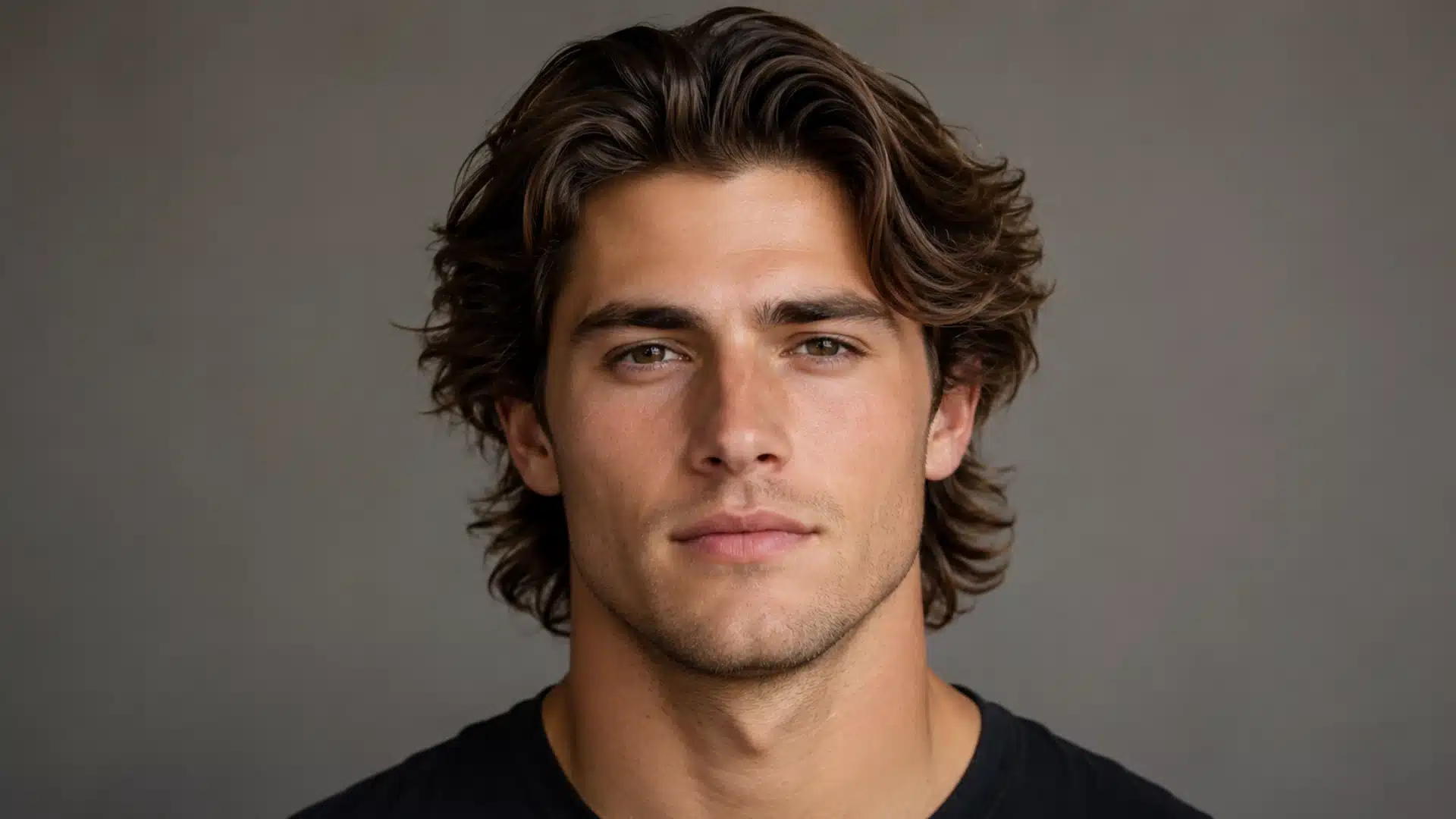 A man with thick, feathered black hair and a grey sweater looks off to the side in a brick loft