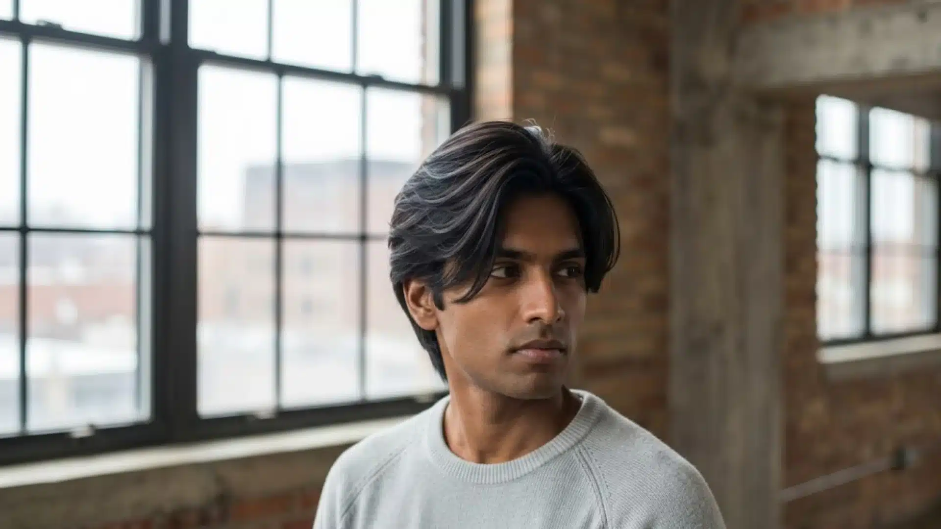 A man with thick, feathered black hair and a grey sweater looks off to the side in a brick loft.089