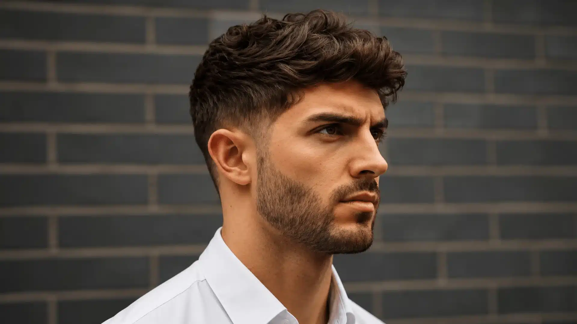A man with thick, wavy dark hair and a groomed beard, wearing a white shirt, looking in profile against a brick wall