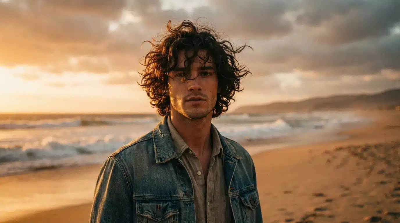 A man with wind-swept curly hair and a denim jacket stands on a beach during a golden sunset with crashing waves.