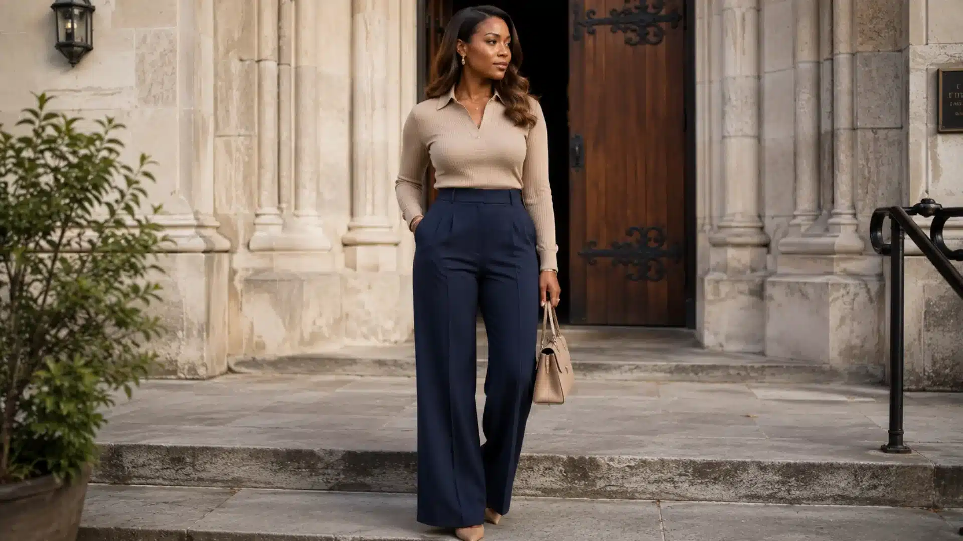 An elegant Black woman in a beige polo top and wide-leg navy trousers walks down stone steps outside a stone building
