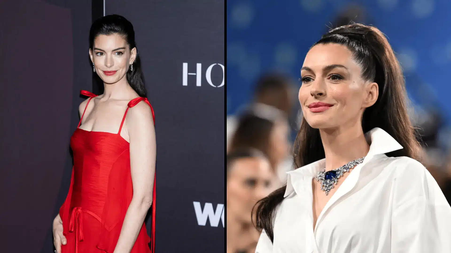 Anne Hathaway in red and white outfits highlighting cool undertones and classic winter contrast