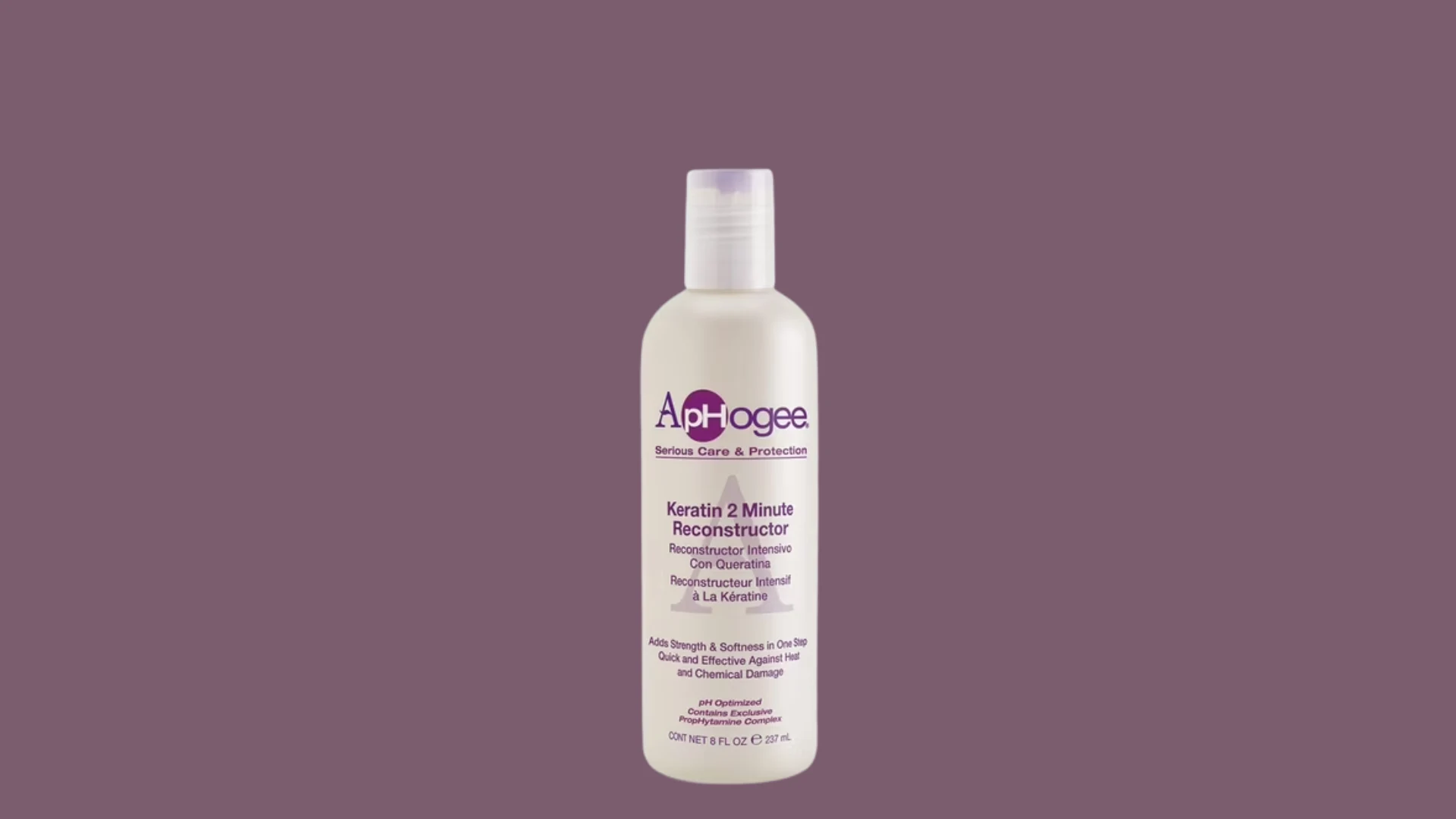 ApHogee Keratin 2 Minute Reconstructor bottle with purple text on a dusty purple background