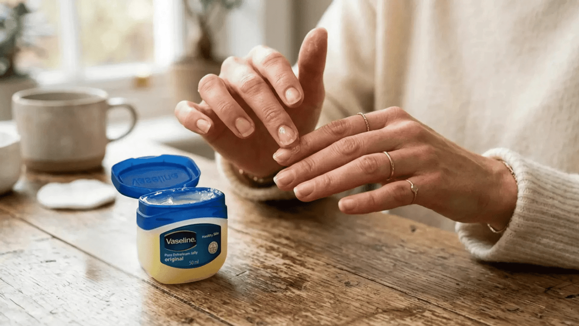Applying petroleum jelly on fingers to soften nail glue and protect skin during removal.