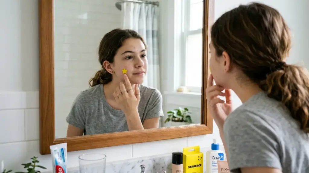 Applying star-shaped pimple patch on cheek in mirror during daily acne care routine