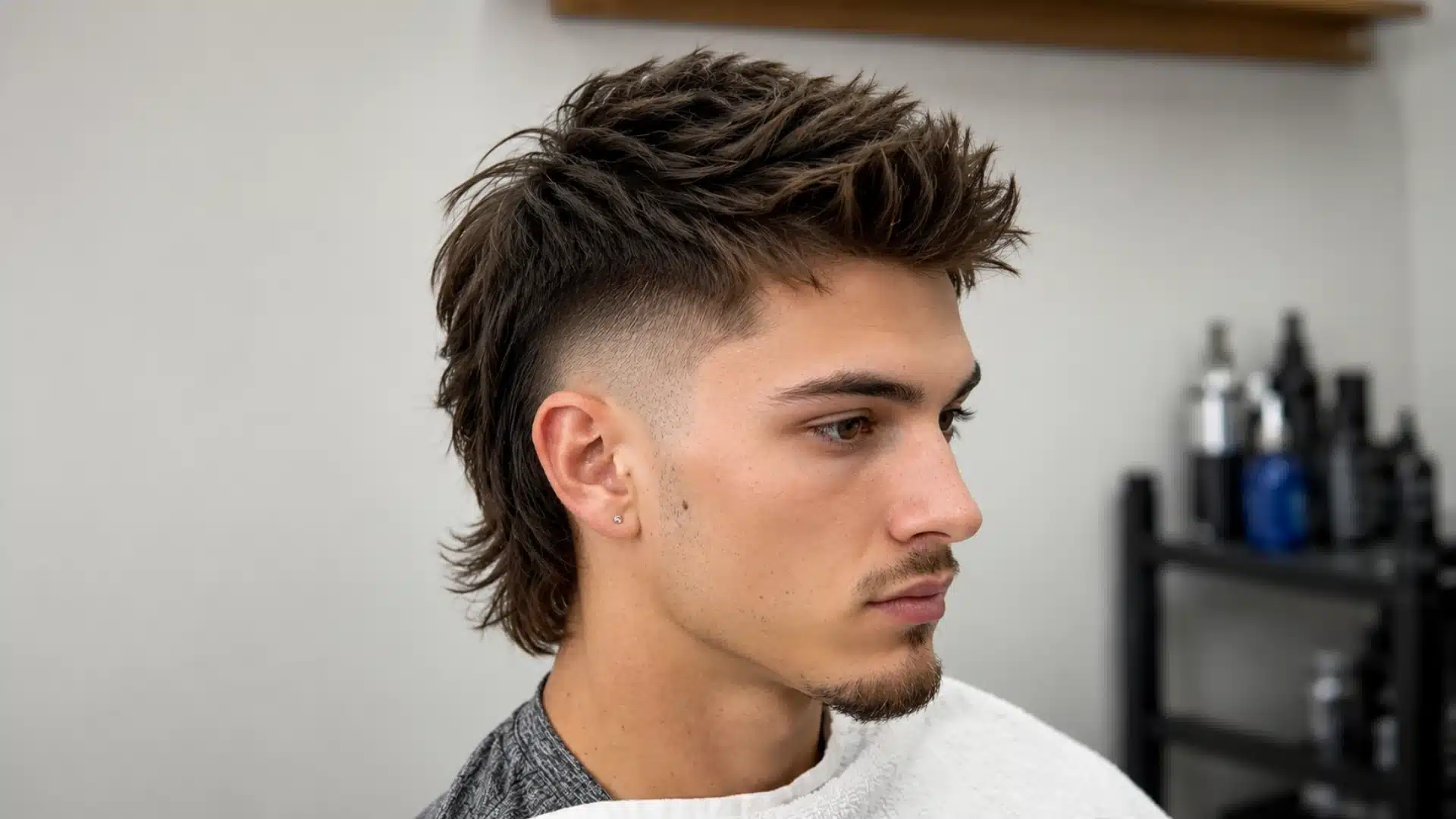 A profile shot of a young man with a spiky mullet haircut, shaved sides, and a goatee at a barbershop