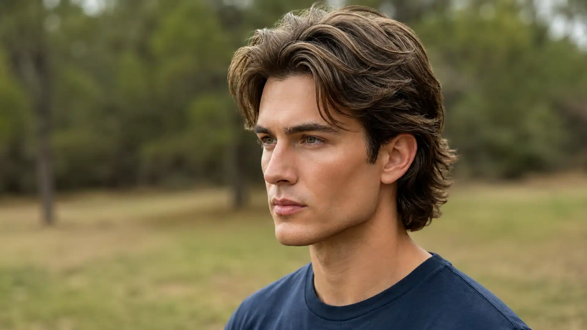 A side-profile portrait of a young man with wavy, medium-length brown hair looking thoughtfully into the distance
