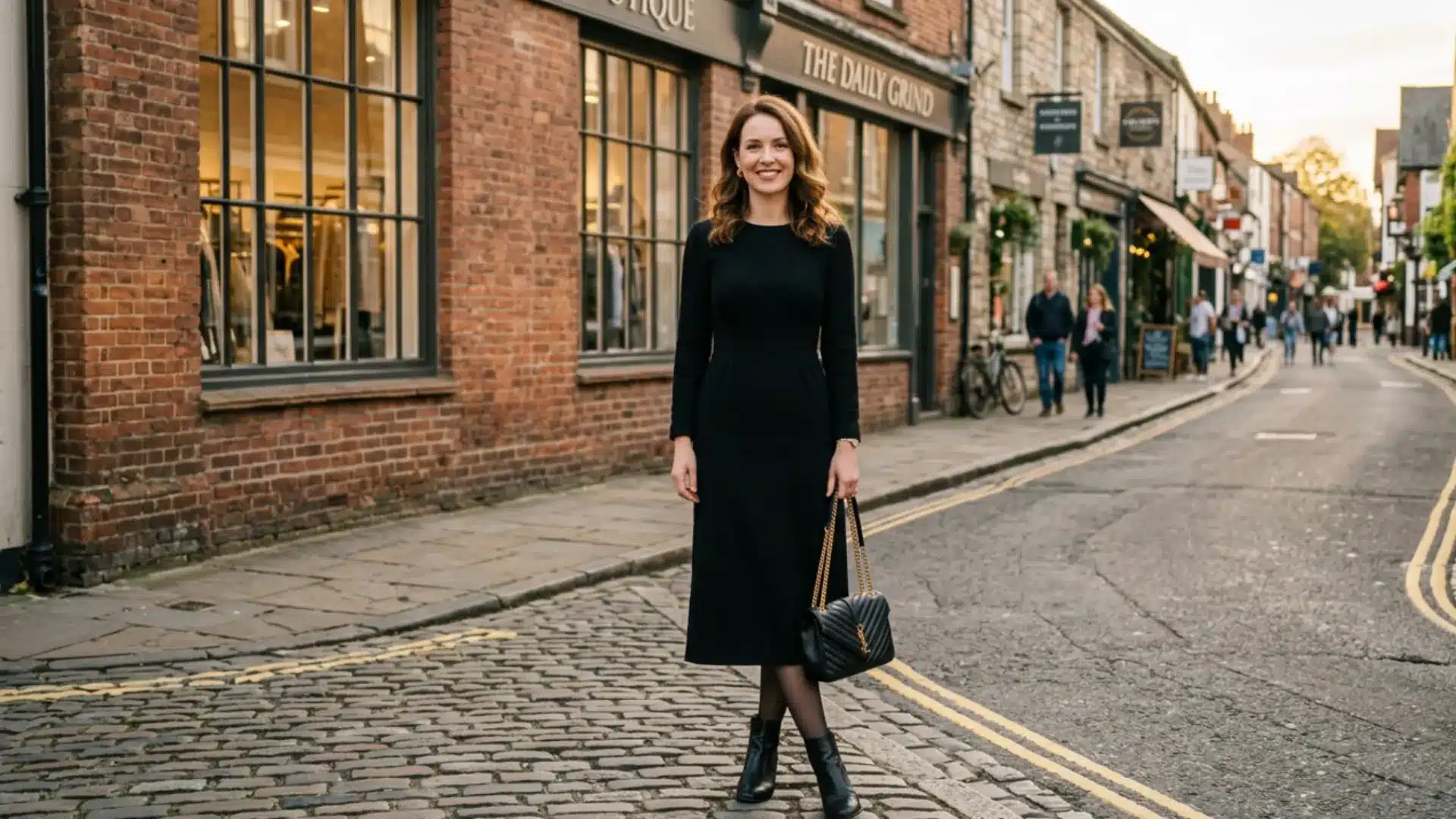 A smiling woman in a black dress, tights, and boots stands on a cobbled street lined with brick shopfronts.web