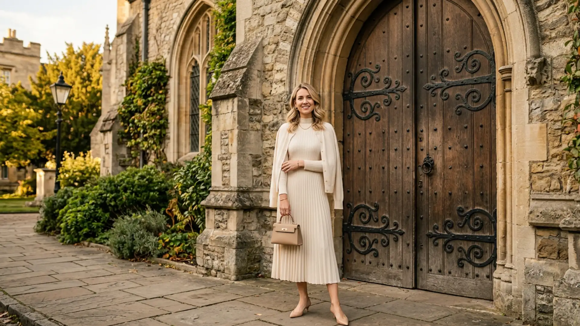 A smiling woman in a cream pleated dress, cardigan, and heels stands outside a historic stone building's wooden door
