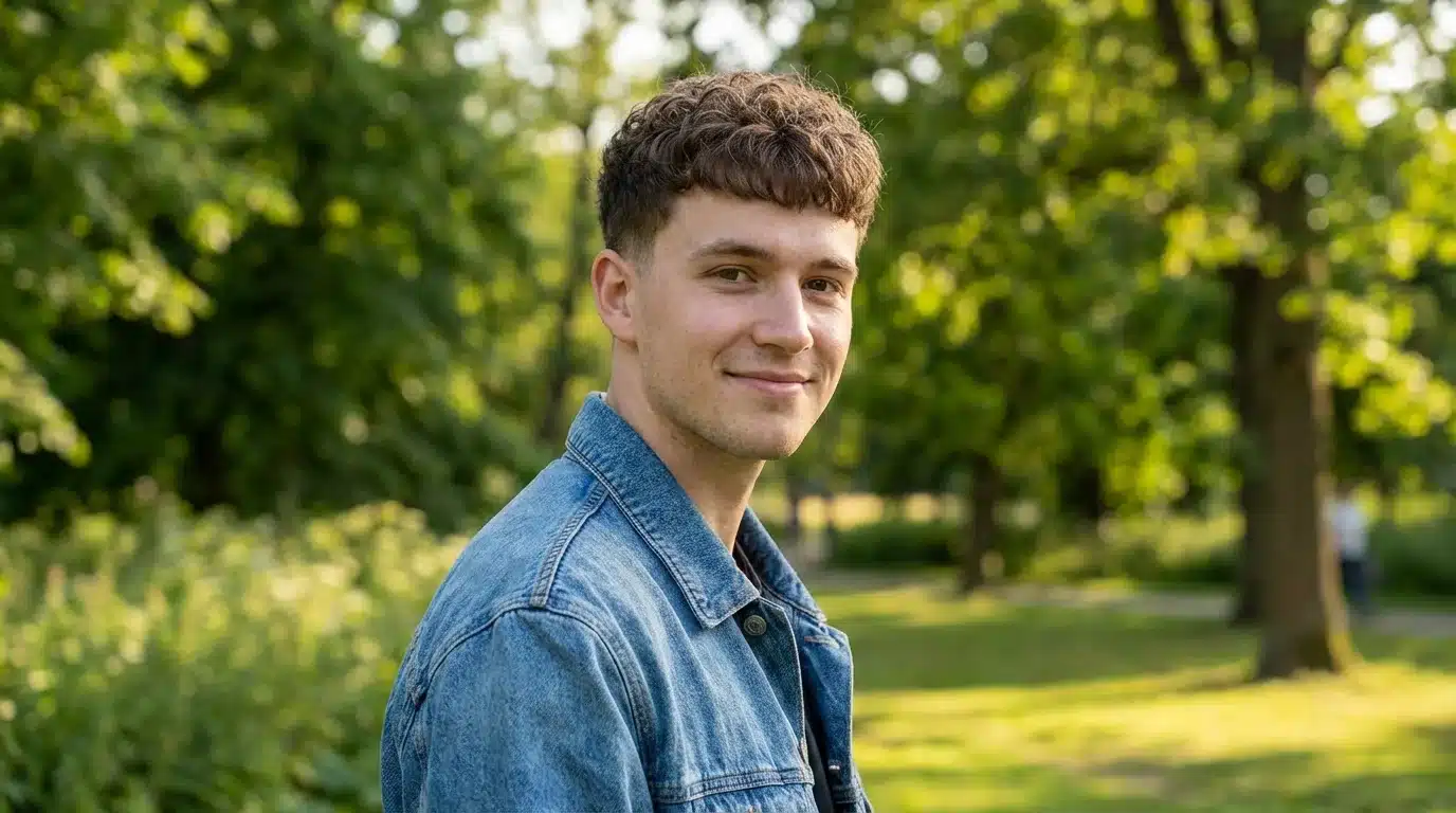 A smiling young man in a denim jacket standing in a sunlit park with lush green trees in the background.
