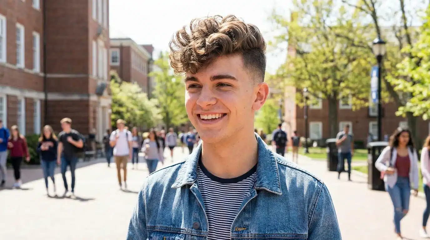 A smiling young man with voluminous wavy hair and a denim jacket walks on a sunny college campus with students behind him.