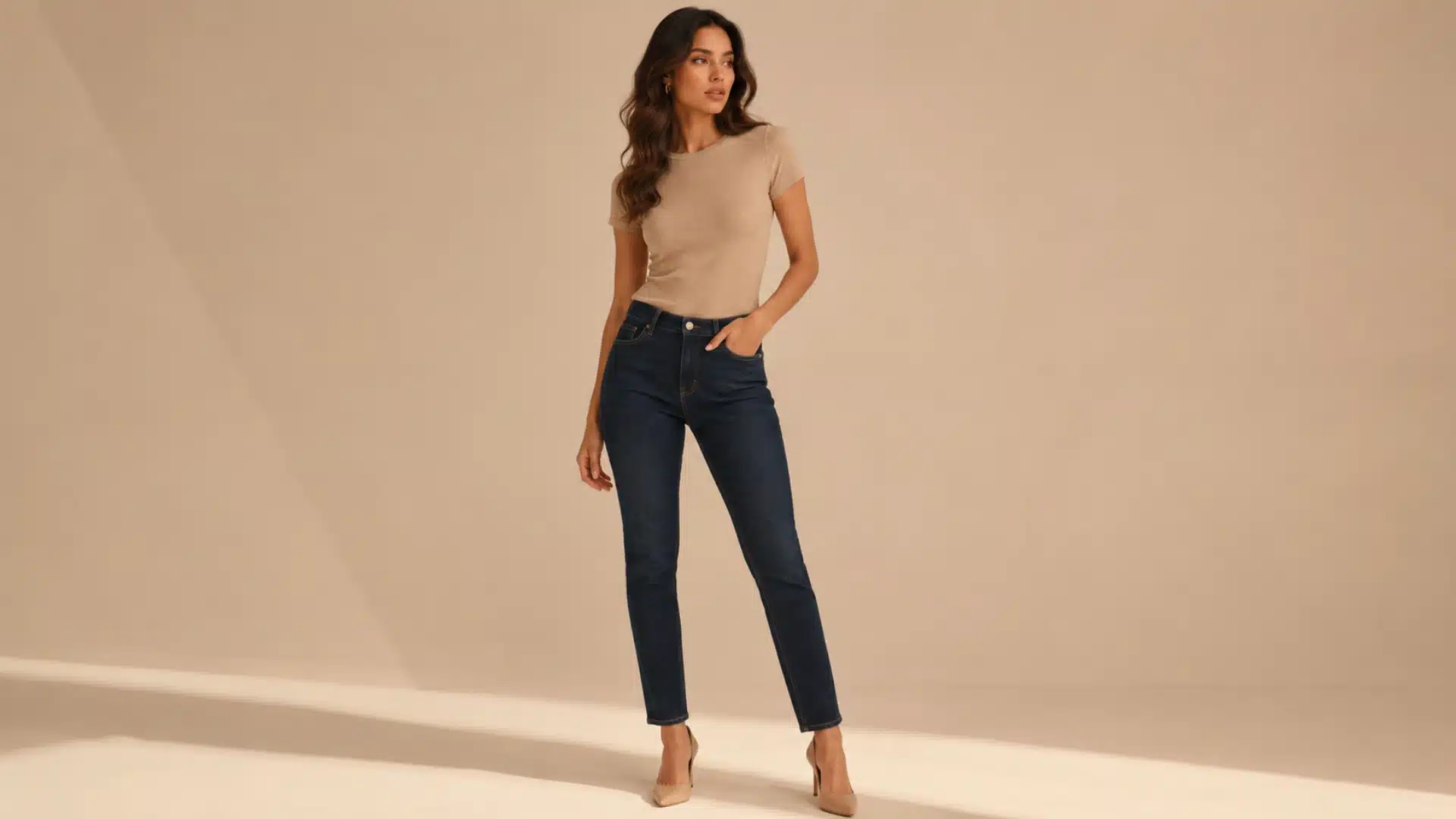 A woman in a beige t-shirt, dark blue skinny jeans, and nude heels poses against a warm beige background