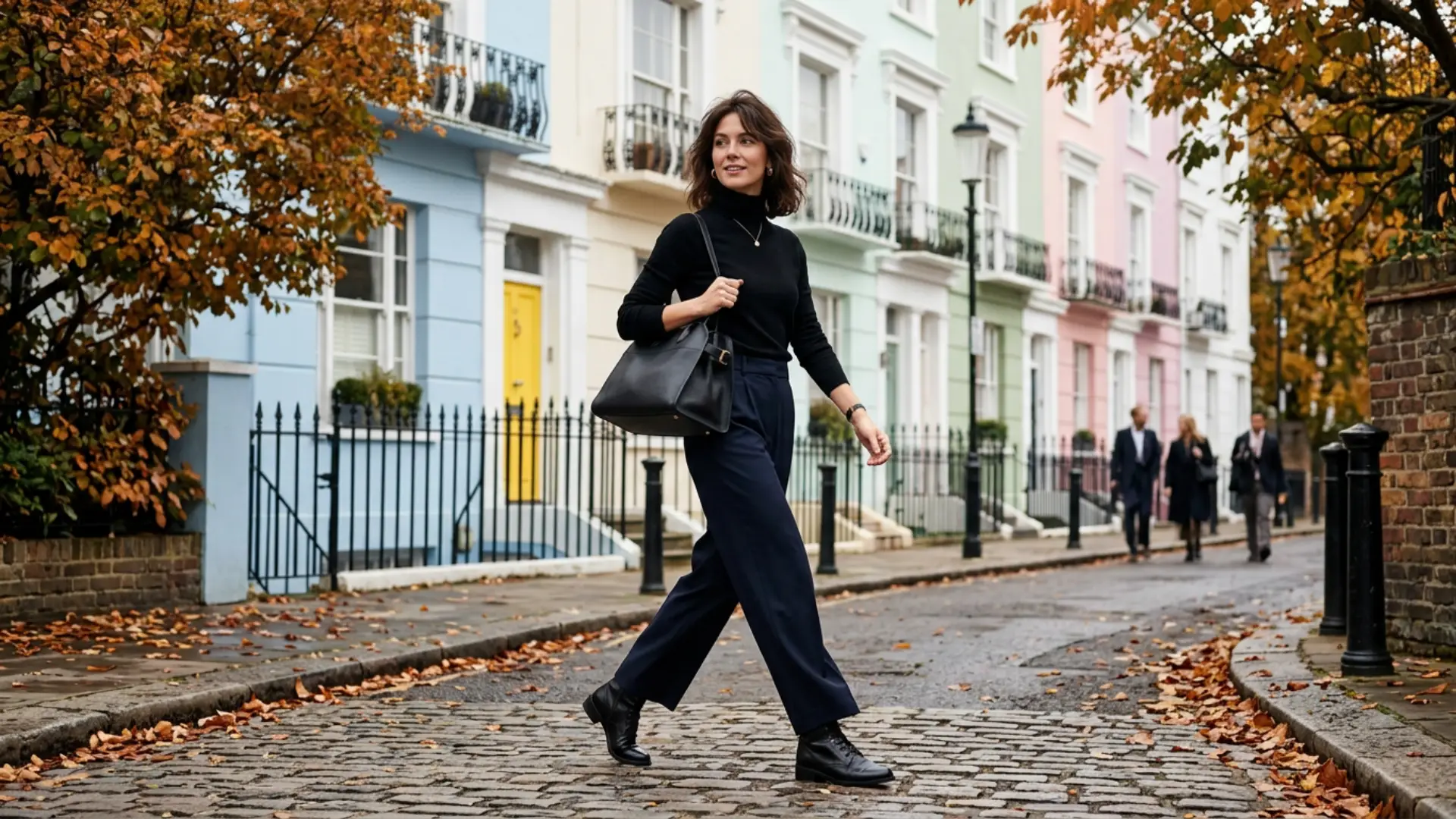 A woman in a black turtleneck, dark trousers, and boots walks past colorful townhouses on a cobblestone street