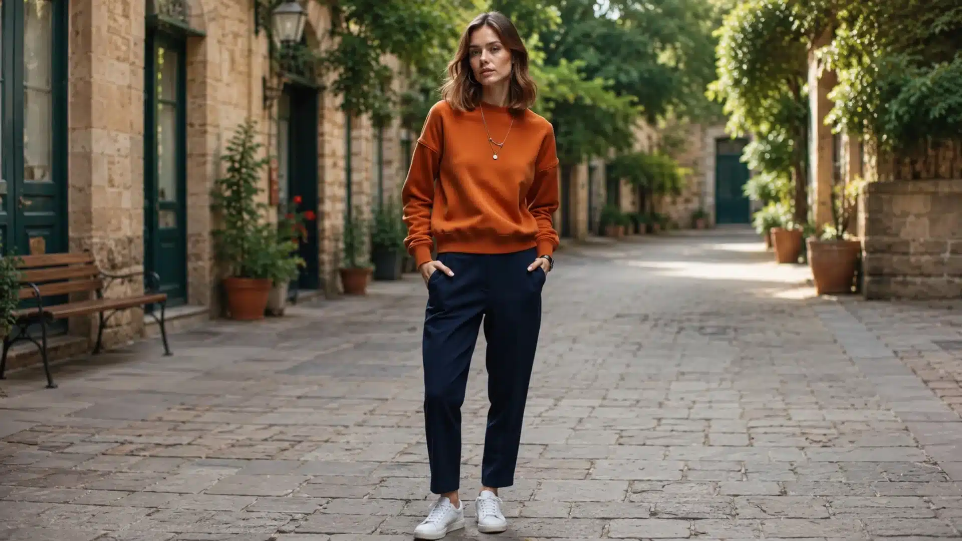 A woman in a burnt orange sweatshirt and navy pants stands on a cobblestone street