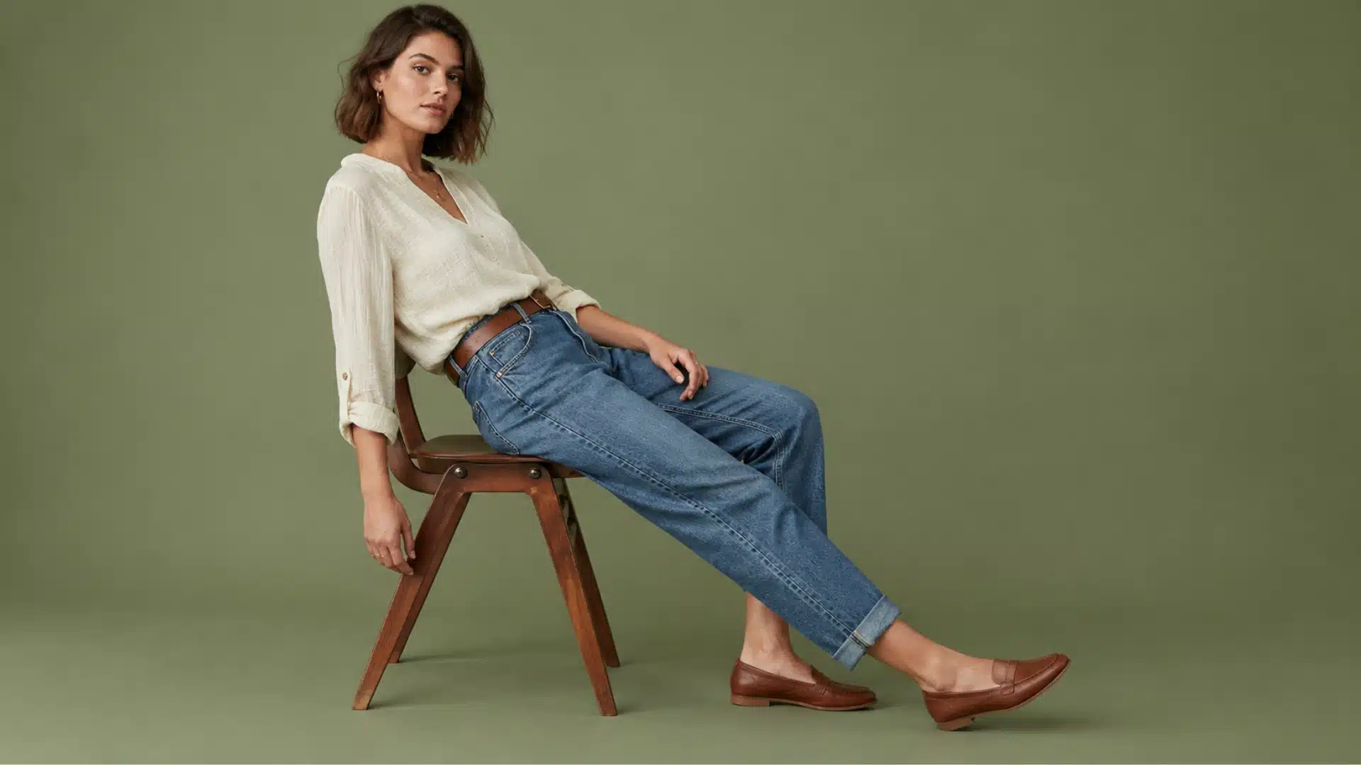 A woman in a cream blouse, blue jeans, and loafers poses on a wooden chair against a green backdrop.