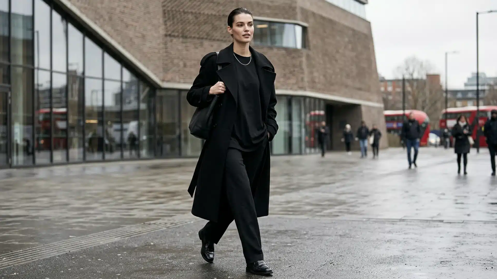 A woman in an all-black outfit with a long trench coat walks down a city street, carrying a shoulder bag