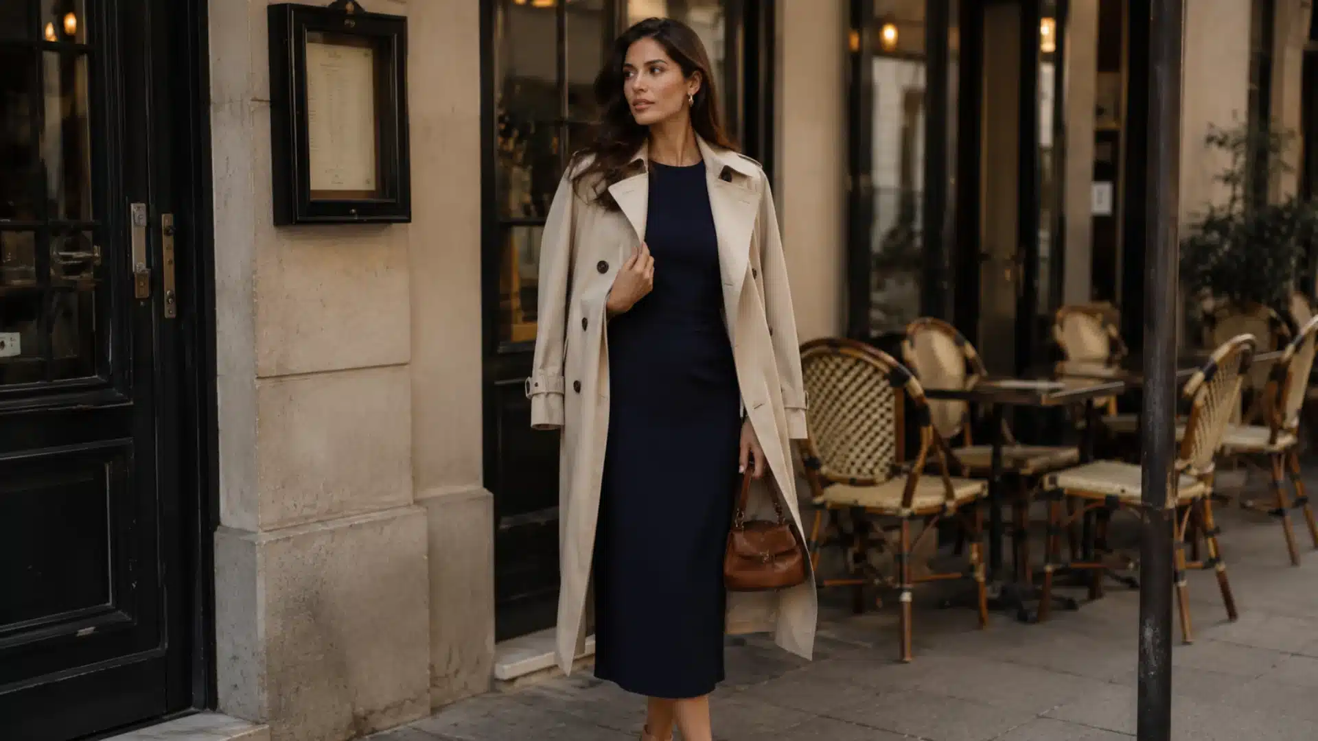 A woman in a navy dress and beige trench coat walks past an outdoor cafe holding a brown purse