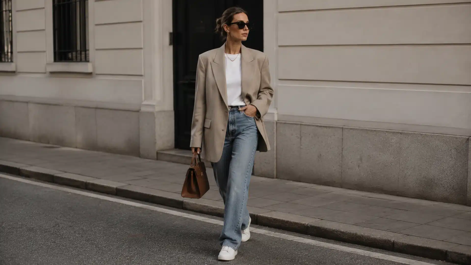 A woman in an oversized beige blazer, jeans, and sunglasses walks down a city street carrying a brown handbag