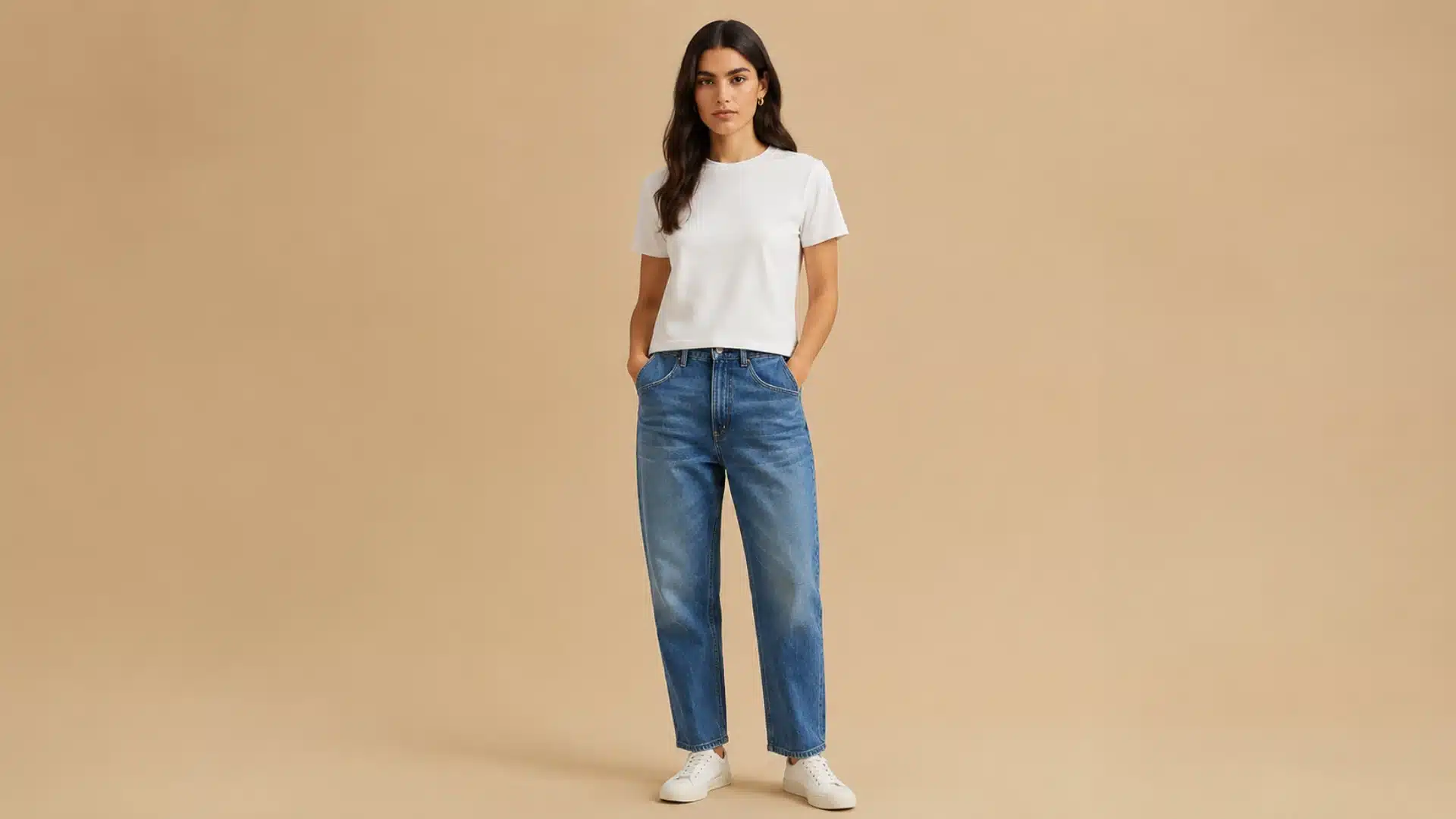A woman in a white t-shirt, blue straight-leg jeans, and white sneakers poses against a beige background.