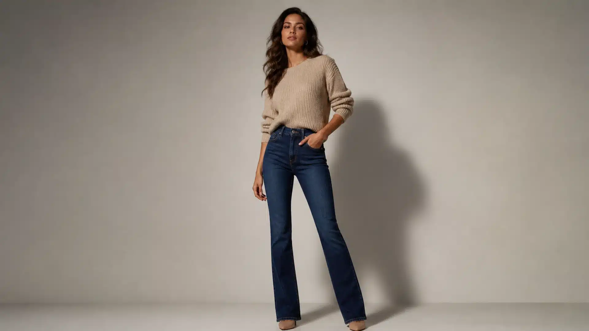 A woman poses in a beige knit sweater, dark-wash flare jeans, and heels against a neutral background