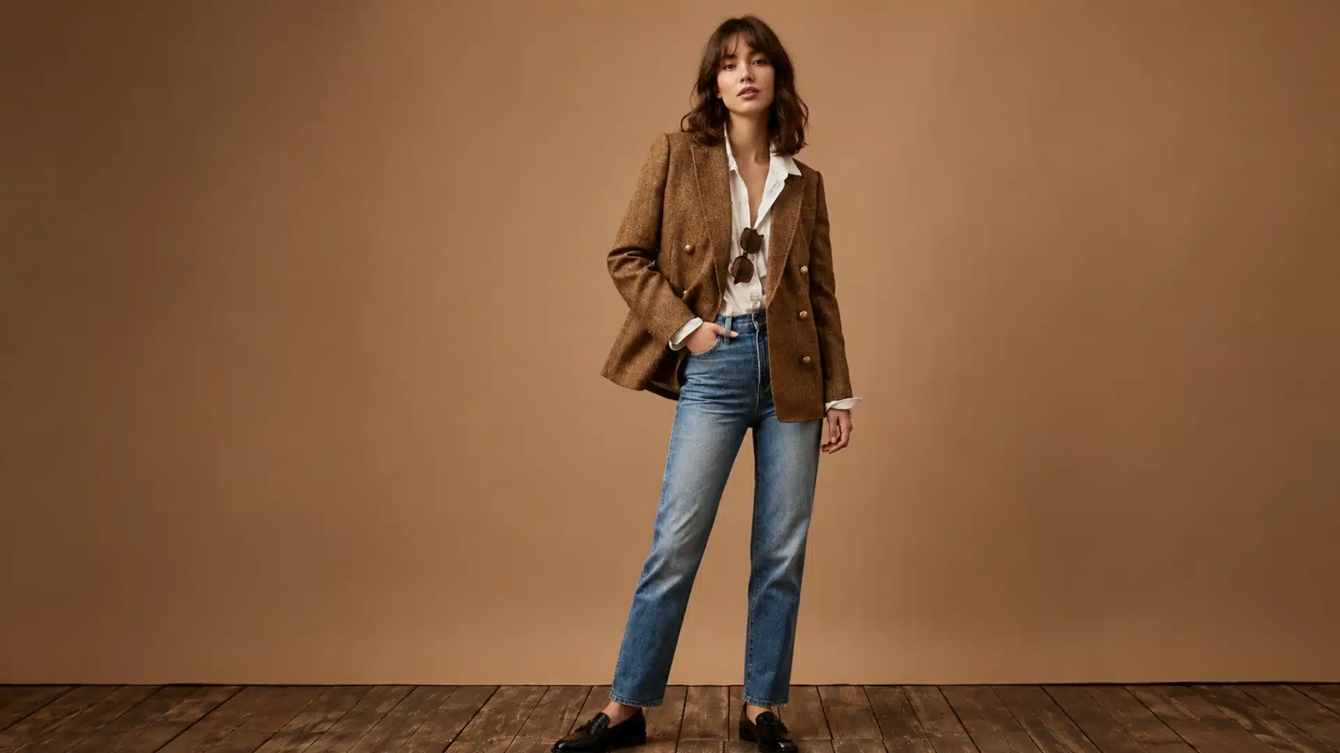 A woman poses in a brown tweed blazer, white button-down shirt, blue jeans, and black loafers against a brown background.