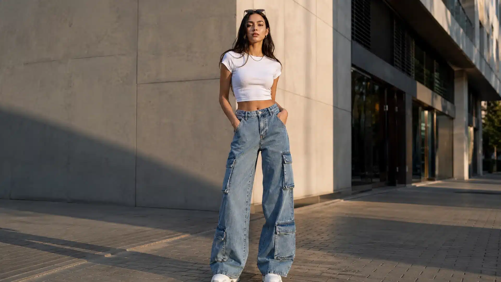 A woman poses in a white crop top and wide-leg denim cargo pants on a city street