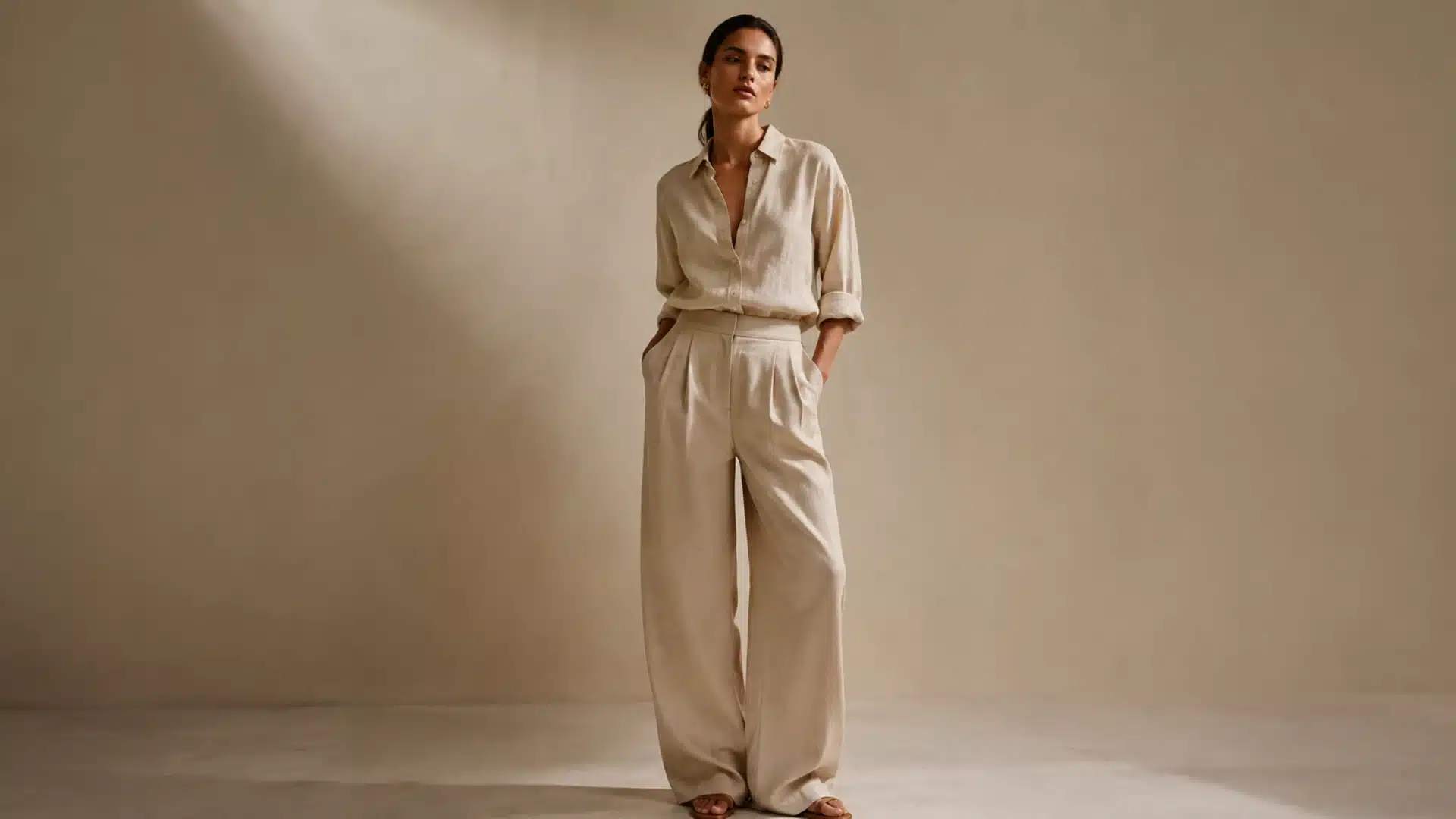 A woman posing in a beige linen button-down shirt and matching wide-leg trousers against a neutral background