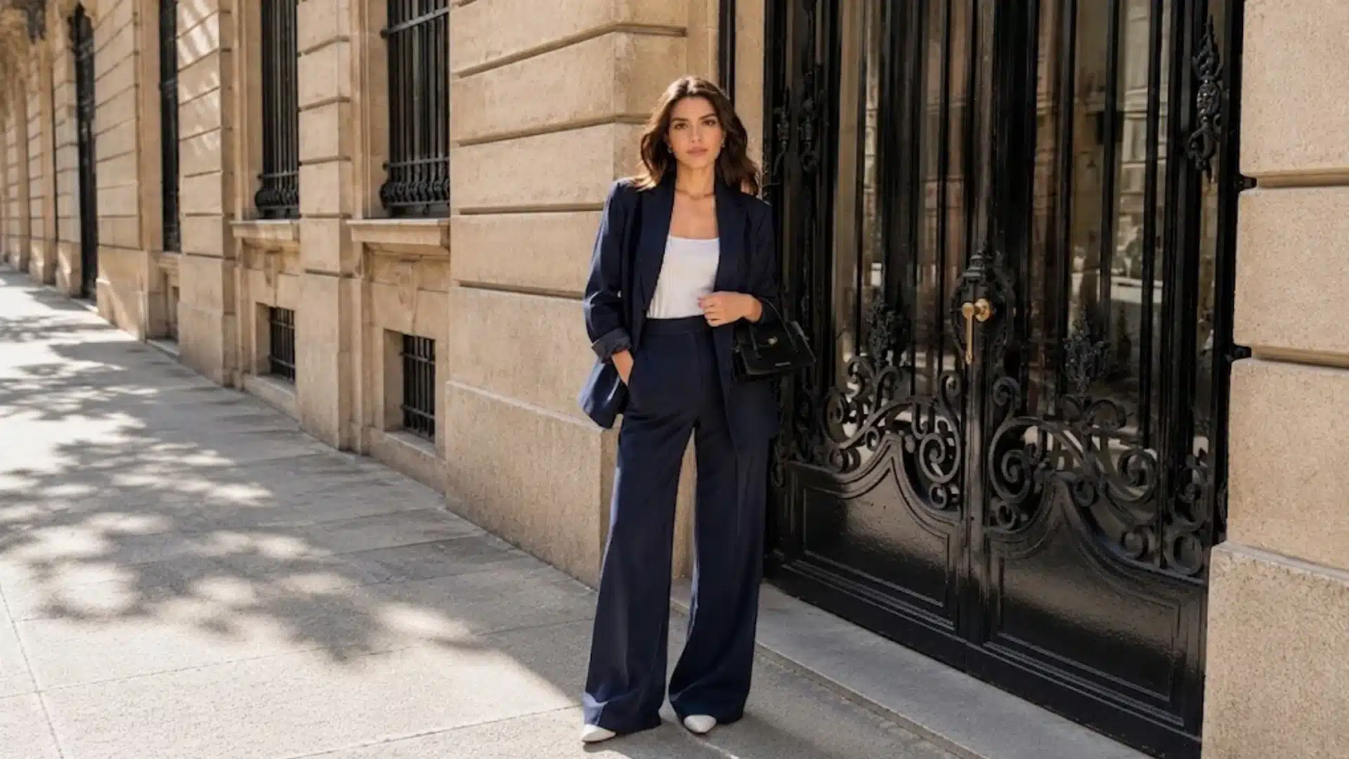 A woman posing in a navy blue pantsuit and white top on a city sidewalk next to a black ornate gate