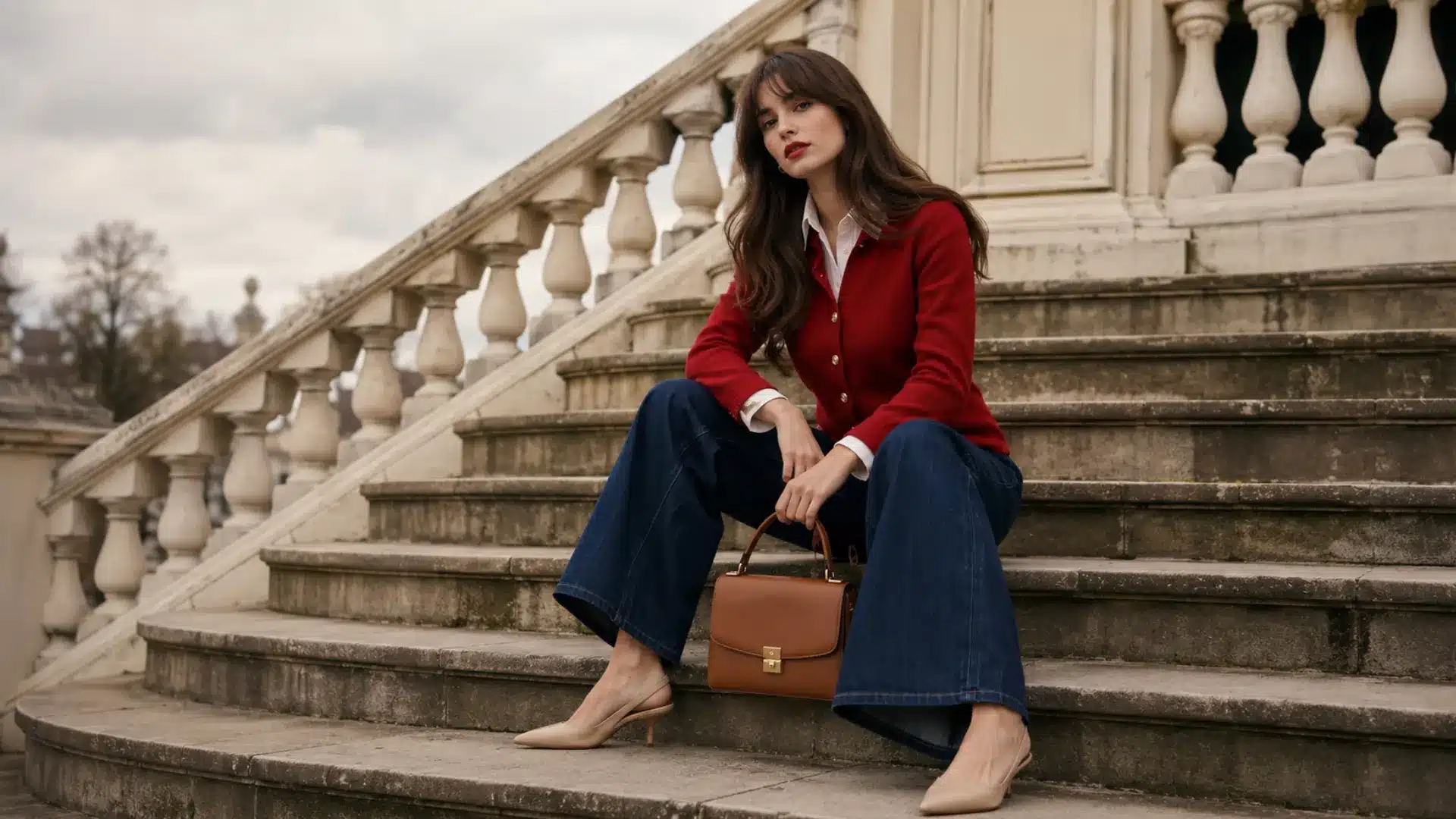 A woman sits on stone stairs wearing a red cardigan, wide-leg jeans, and beige kitten heels, holding a brown purse
