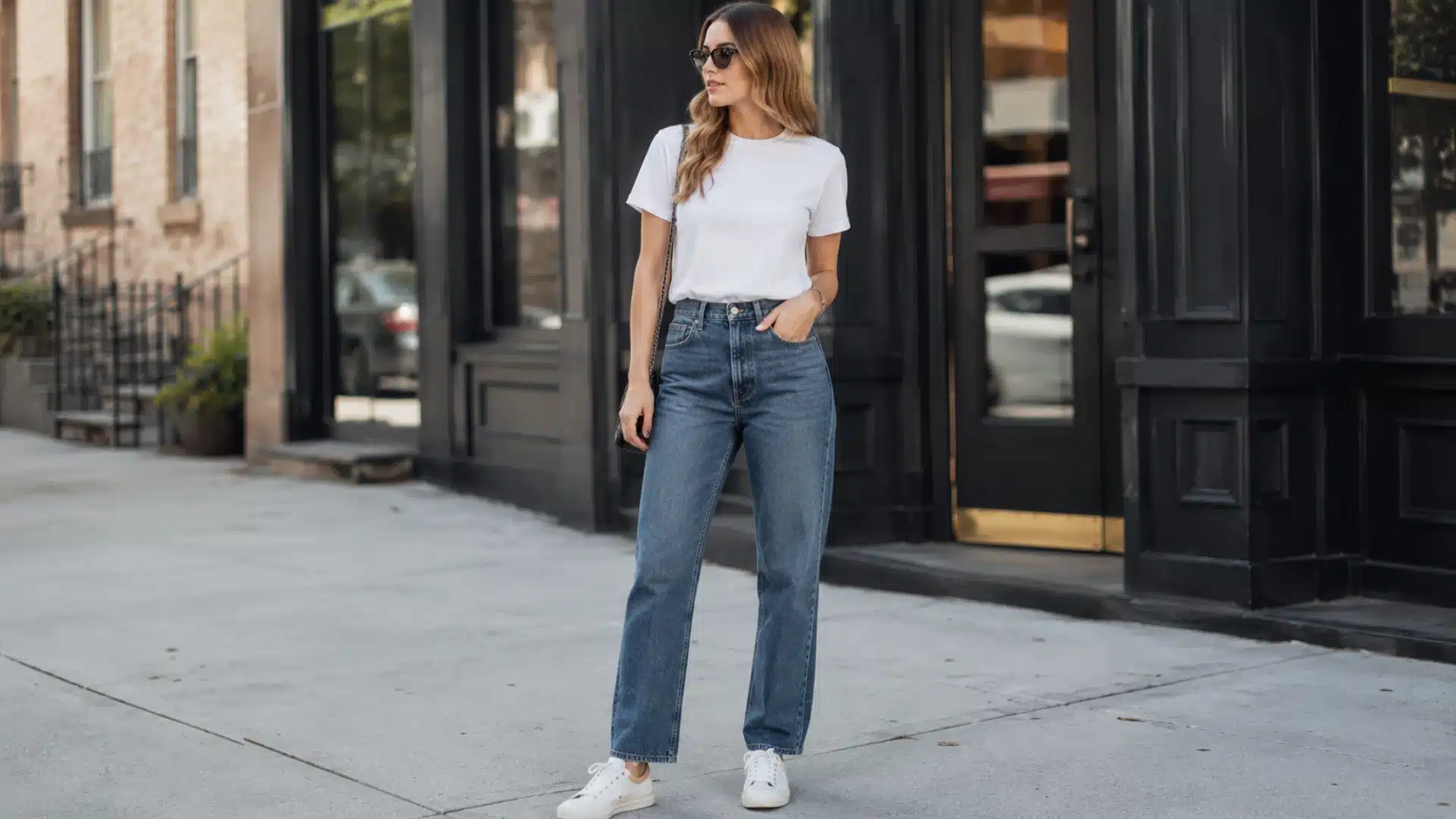 A woman standing on a city sidewalk wearing a white t-shirt, blue jeans, sunglasses, and white sneakers