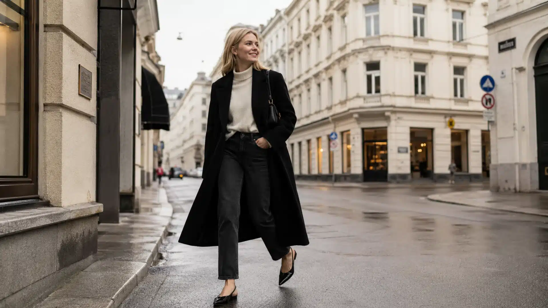 A woman walking down a wet city street wearing a black coat, cream turtleneck, dark jeans, and pointed flats