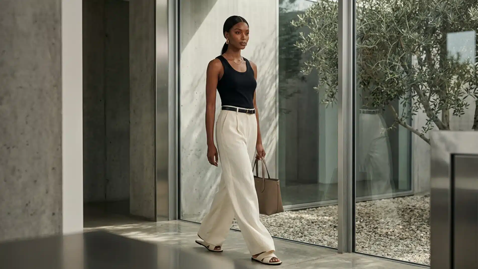 A woman walking indoors wearing a black tank top, wide-leg white trousers, and sandals while carrying a tote bag