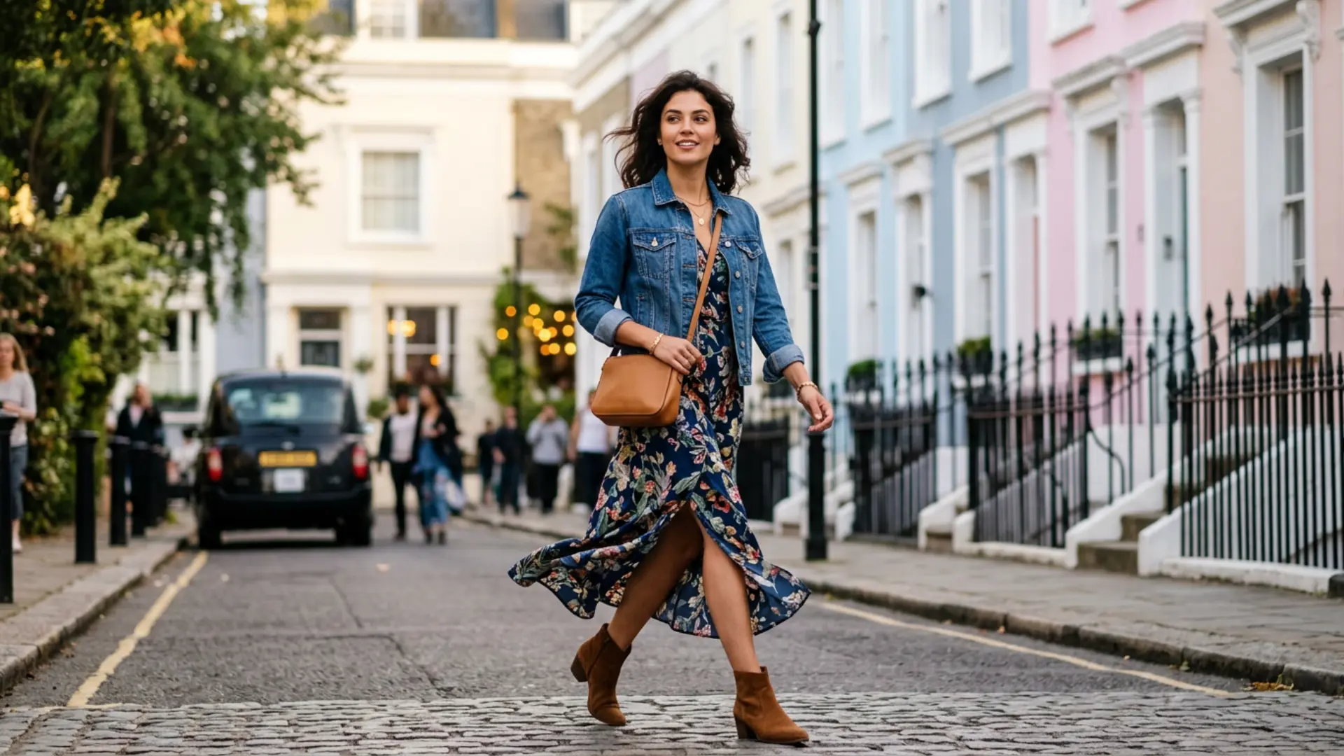 A woman wearing a denim jacket and floral maxi dress walks down a city street lined with colorful houses (1)
