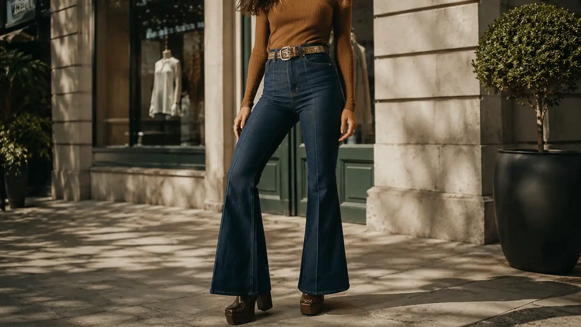 A woman wearing high-waisted flare jeans and a brown top stands on a city sidewalk