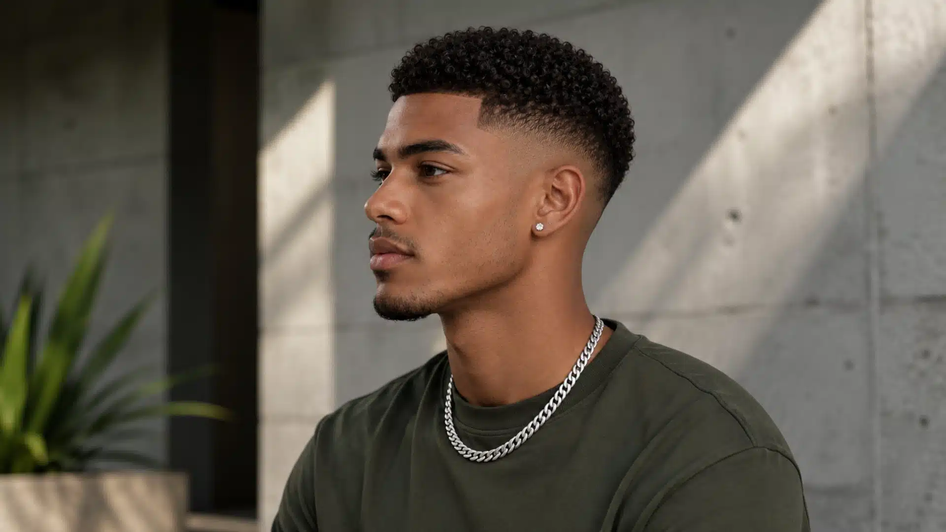 A young man with curly hair and a fade haircut, wearing an olive green shirt and a silver chain, looking in profile