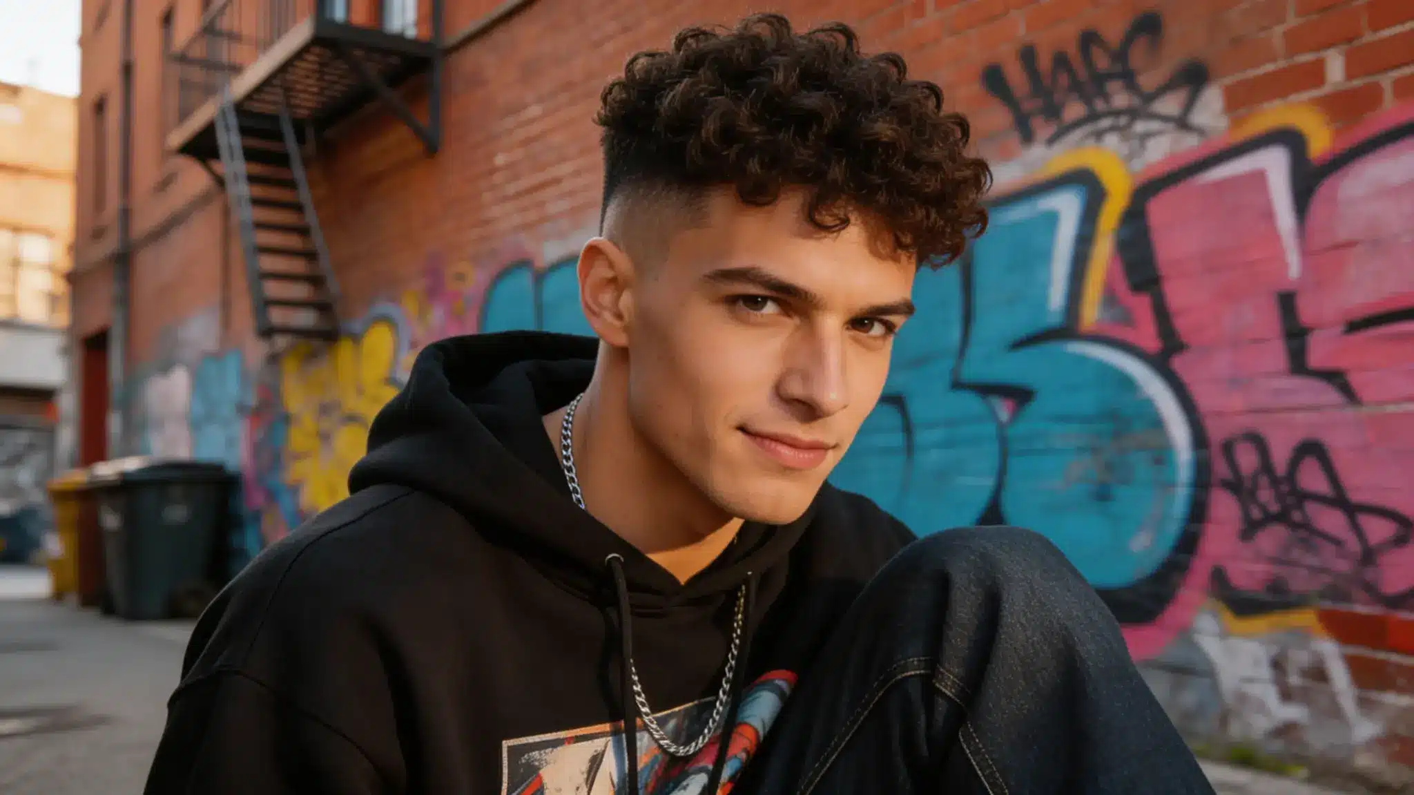 A young man with curly hair and a fade haircut wears a black hoodie against a colorful graffiti brick wall.