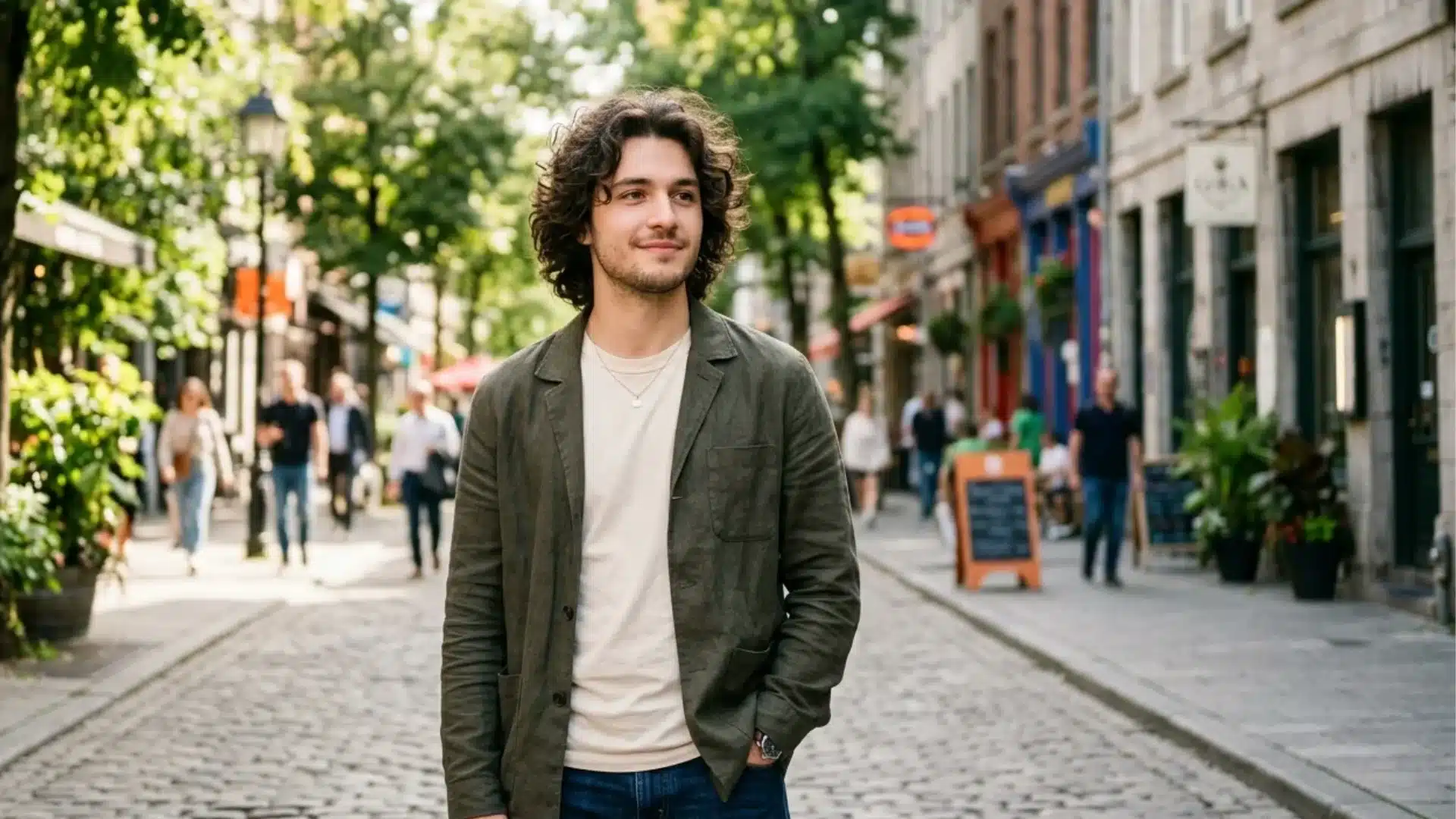 A young man with curly hair walking on a cobblestone city street lined with trees and storefronts.