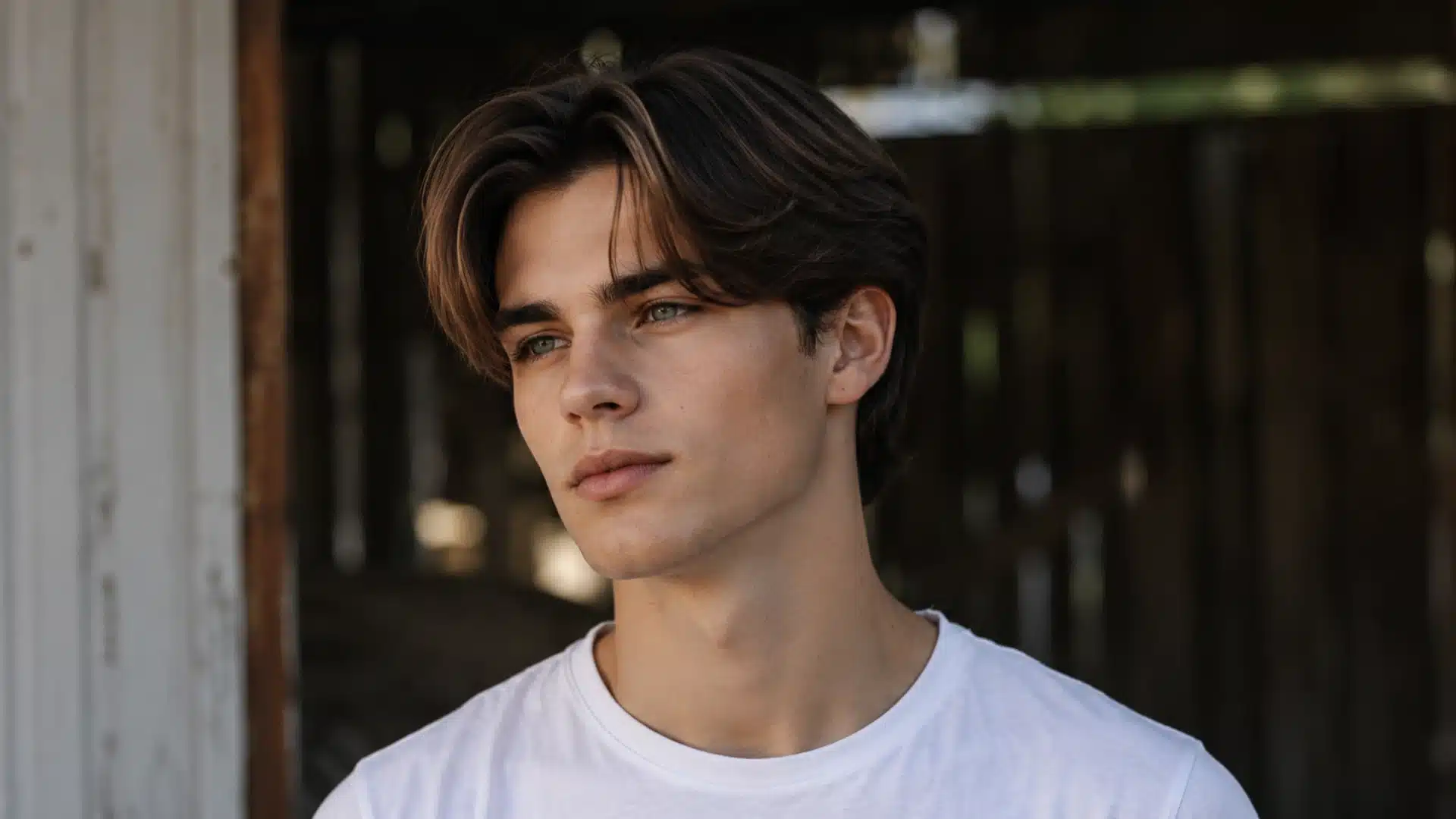 A young man with middle-parted brown hair and light eyes wearing a white t-shirt, looking away from the camera