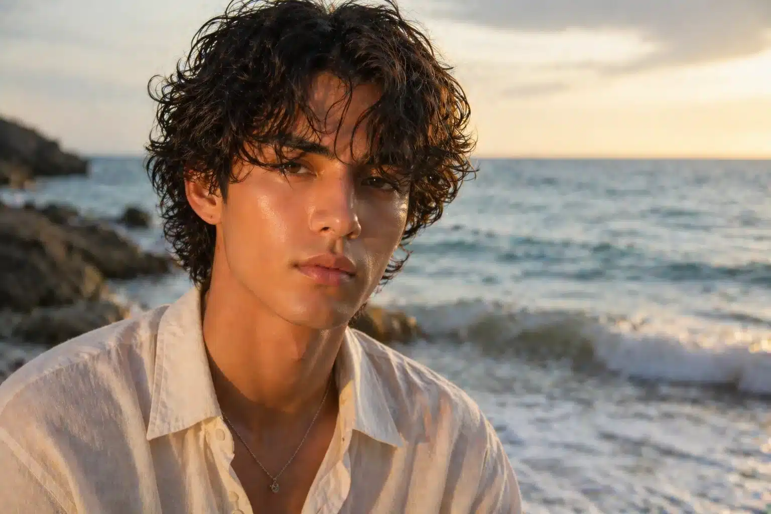 A young man with wavy dark hair poses on a beach at sunset, wearing a linen shirt as waves crash behind him.