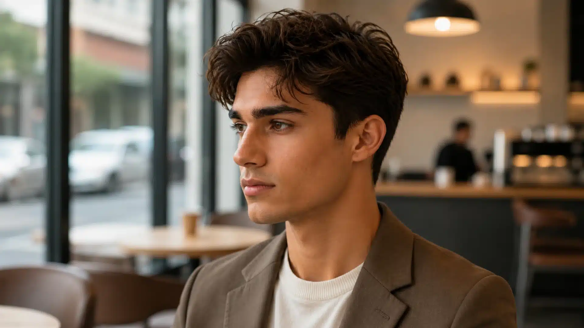 A young man with wavy dark hair, wearing a brown blazer, sitting in a coffee shop and looking toward the window