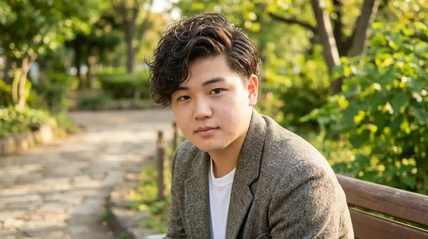 A young man with wavy, side-swept hair and a grey blazer sits on a park bench with a sunlit garden background.