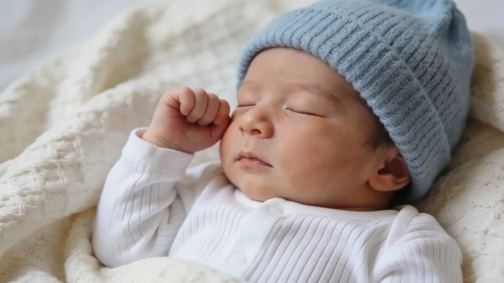 Baby boy in pale blue knit beanie and white onesie for newborn family photo session