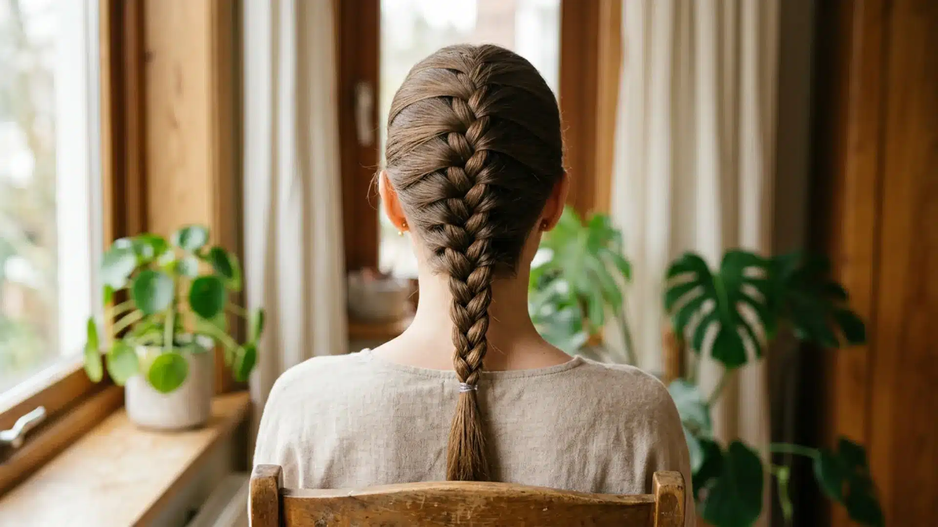 Back view of a French braid starting at the crown with sections gathered down to the nape