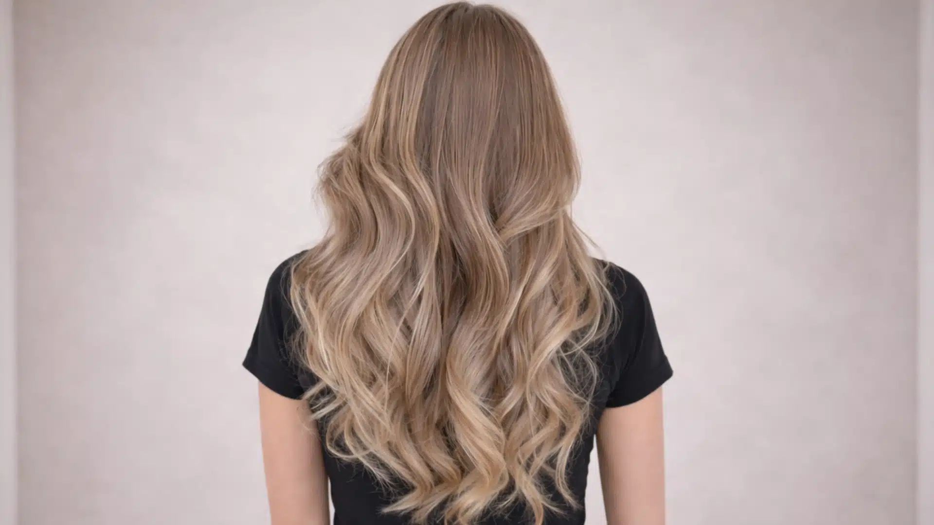 Back view of a woman with long cool beige blonde wavy hair, standing slightly farther from camera against a soft neutral grey background with focus on hair texture and color