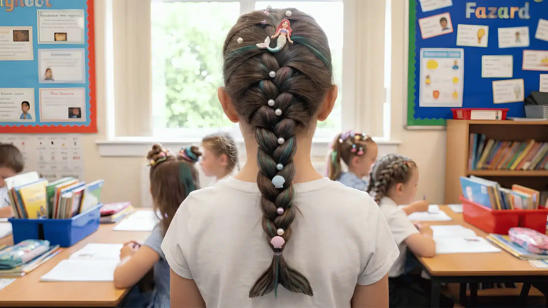 Back view of girl with long braided hair and beads in classroom