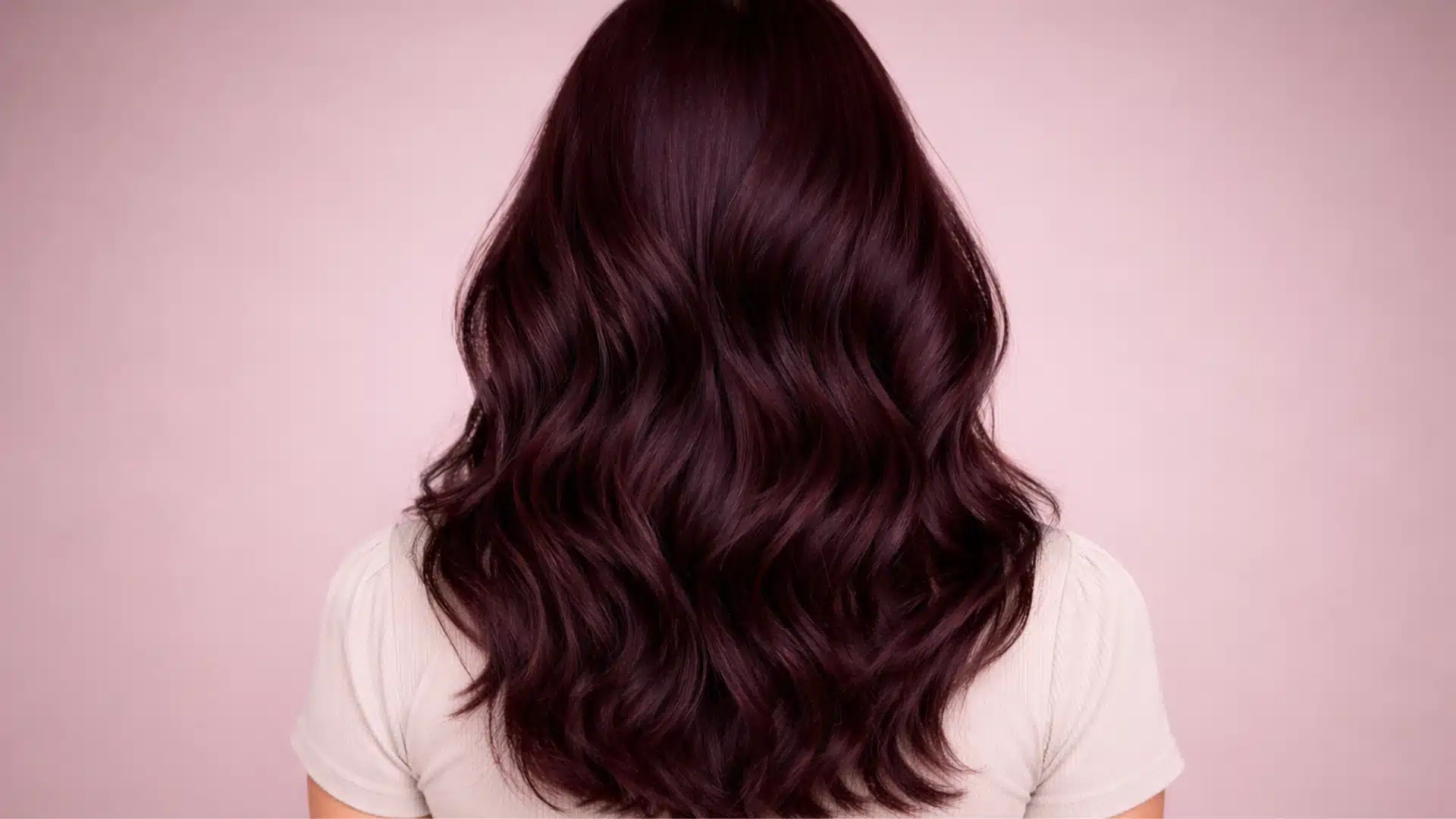 Back view of woman with mid length cherry plum wavy hair, soft shine, neutral top, solid muted background focusing on hair color