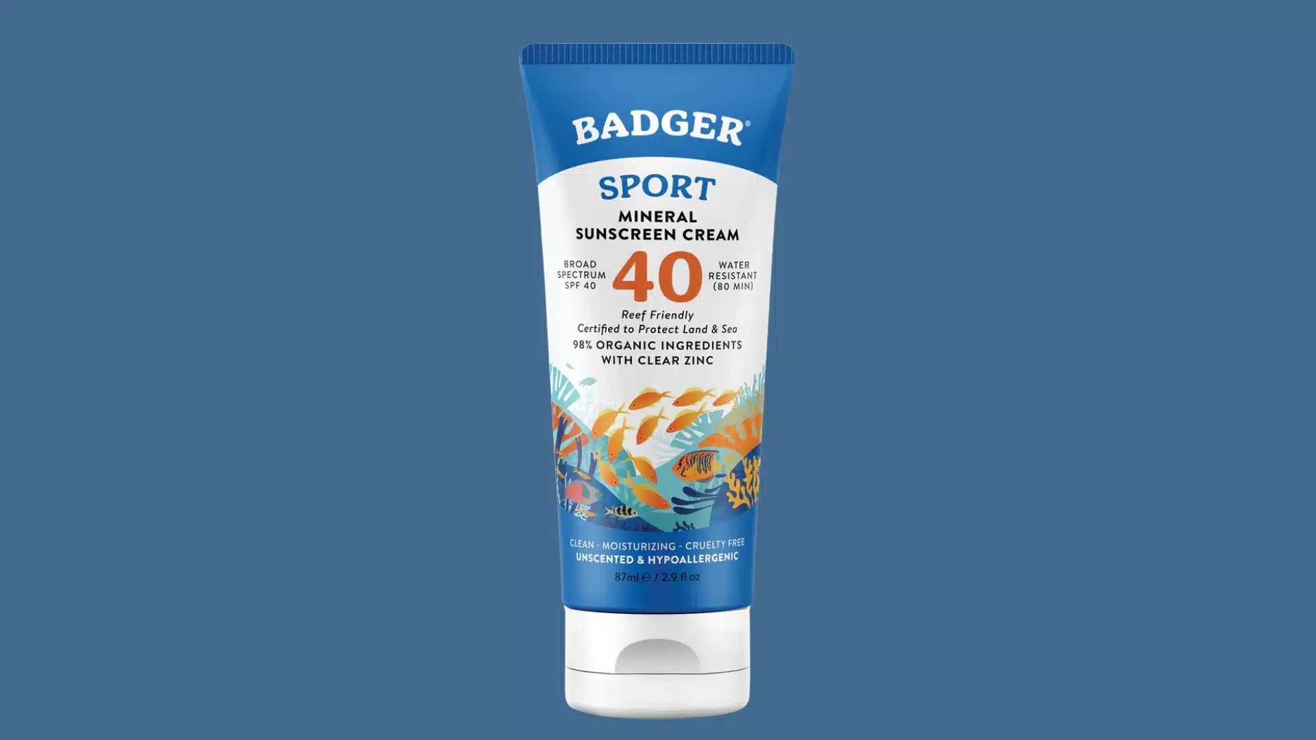 Badger Sport SPF 40 mineral sunscreen cream tube on a blue background.