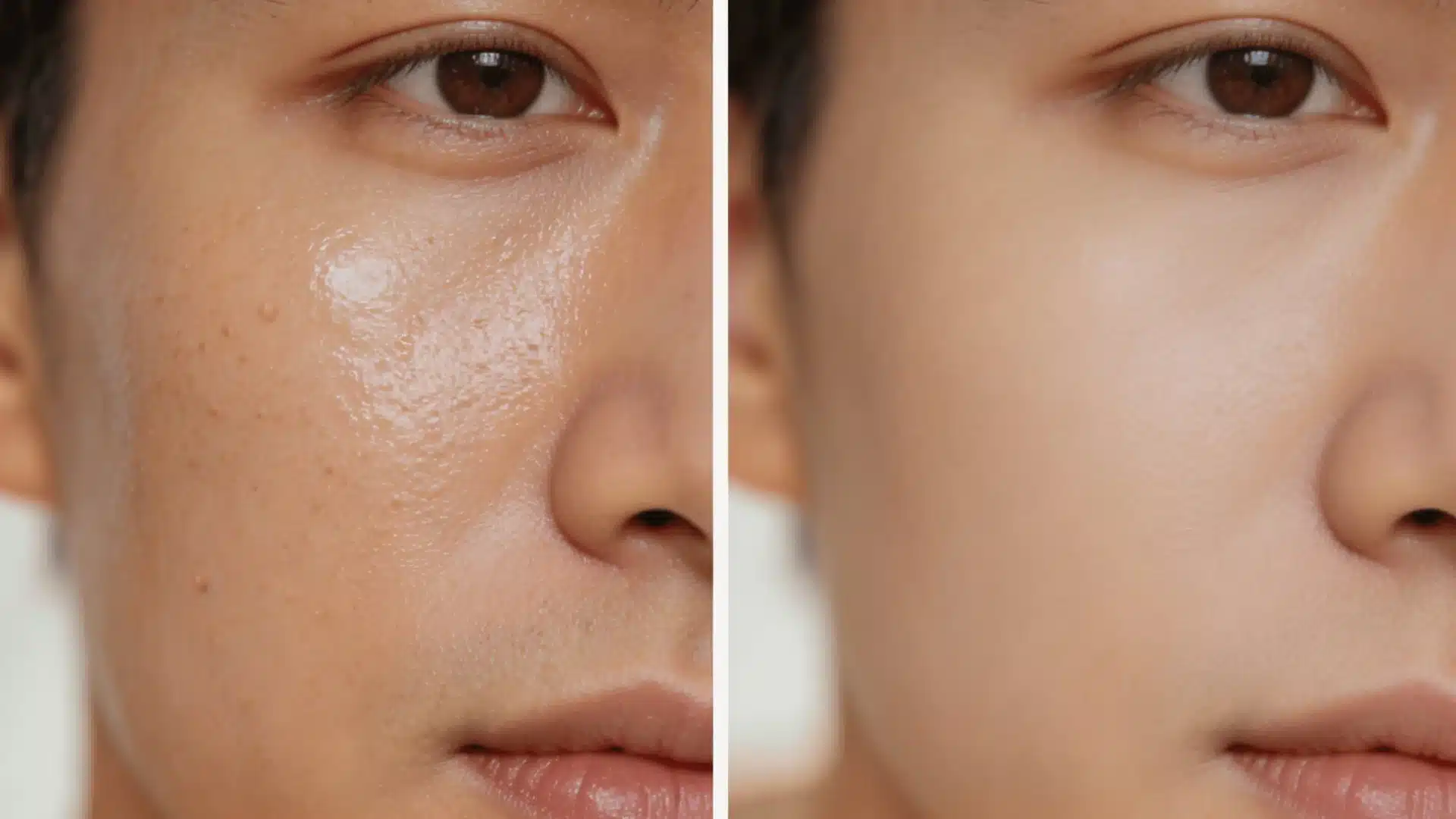 Before and after clay mask showing reduced oil shine, smoother skin texture, and minimized pores on face